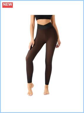 Fleece Lined Leggings Cross-Waist Warm Tights Mesh Panel High Rise